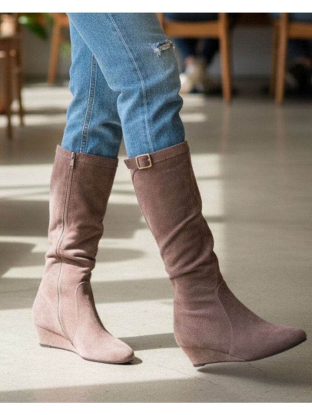 Taupe Knee-High Wedge Suede Boots With Buckle Detail Side Zipper And Textured Fi - Picture 2 of 9